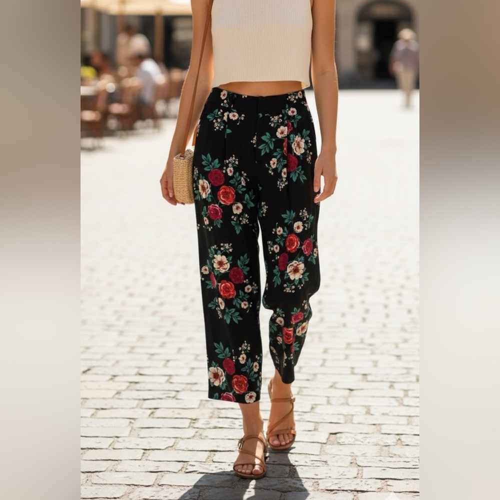 JCL Floral Print Black & Red High Waist Wide Leg Pants Large